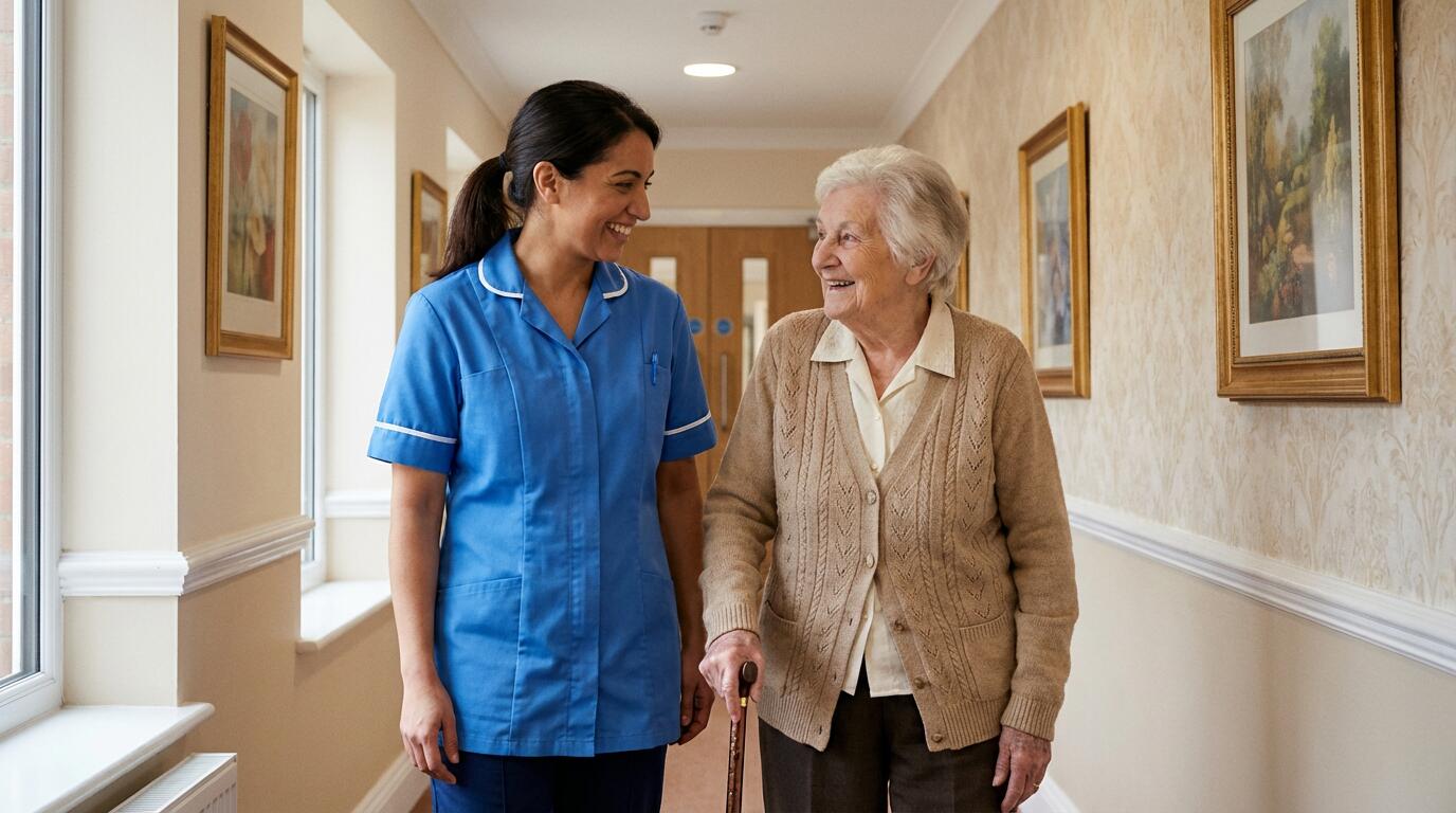 Aide-soignante accompagnant une résidente dans un couloir lumineux d'EHPAD