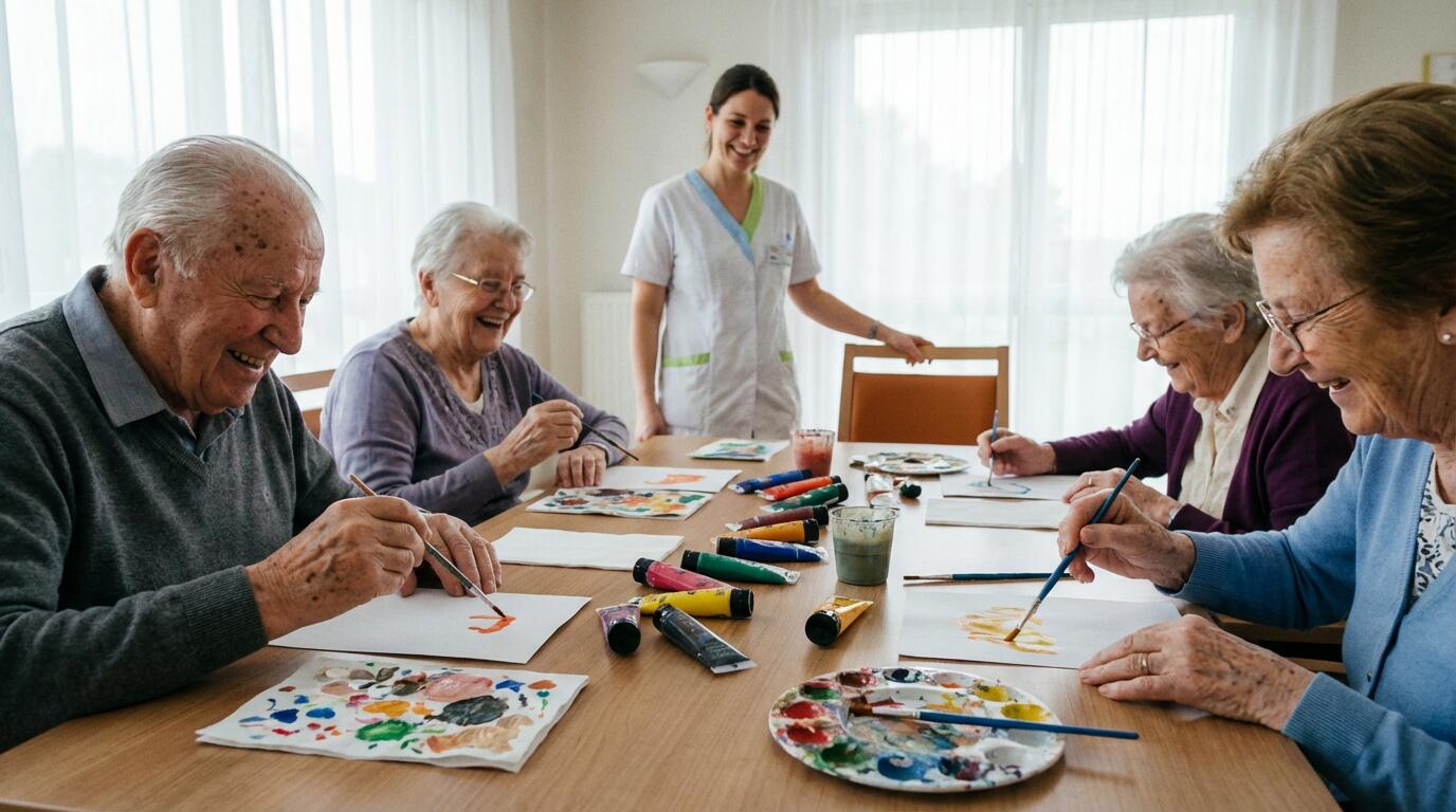 Groupe de résidents participant à un atelier créatif dans une salle d'animation EHPAD