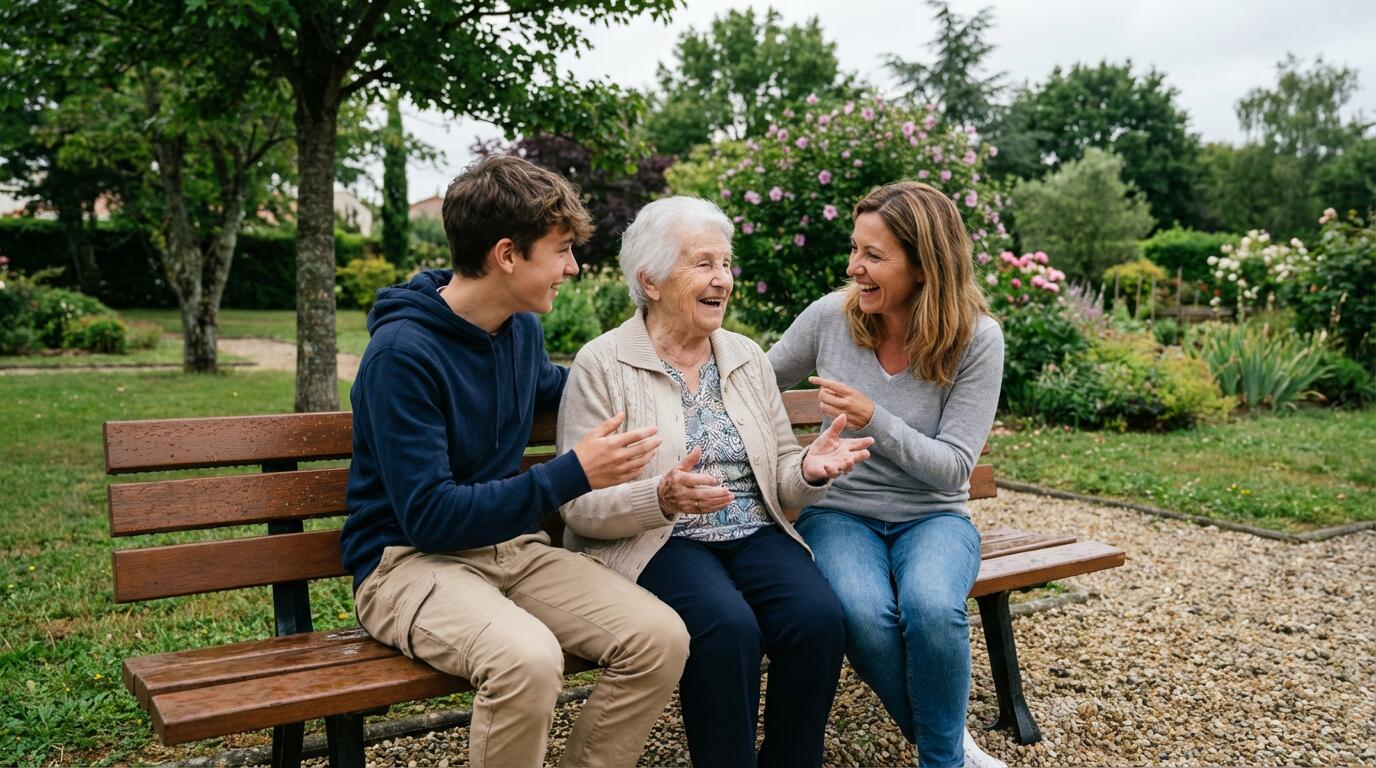 Famille rendant visite à une résidente dans le jardin d'un EHPAD