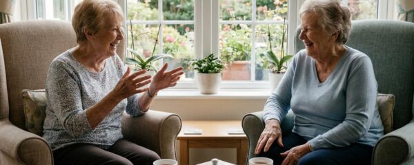 Résidentes âgées discutant dans la salle commune lumineuse d'un EHPAD