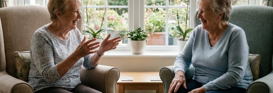 Résidentes âgées discutant dans la salle commune lumineuse d'un EHPAD