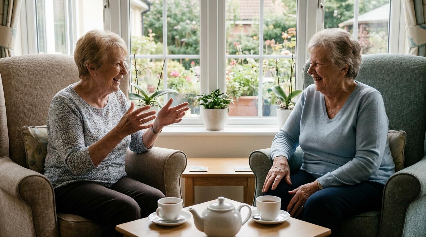Résidentes âgées discutant dans la salle commune lumineuse d'un EHPAD