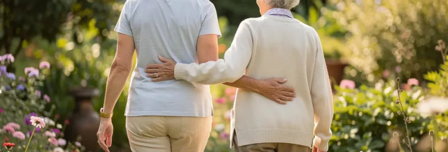 Femme accompagnant sa mère âgée lors d'une promenade dans un jardin bordelais