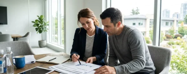 Deux élus CSE de dos consultant ensemble un document administratif dans une salle de réunion lumineuse et contemporaine