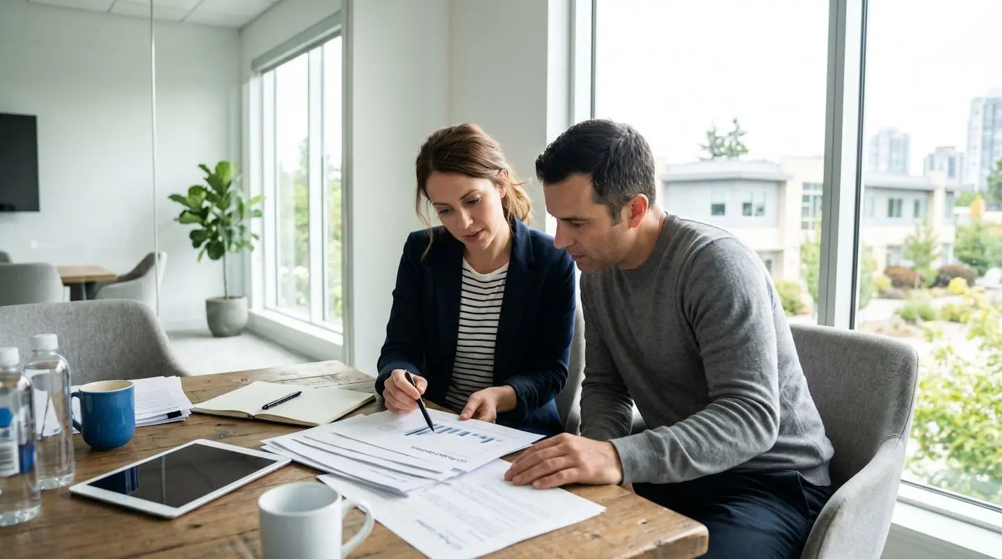 Deux élus CSE de dos consultant ensemble un document administratif dans une salle de réunion lumineuse et contemporaine