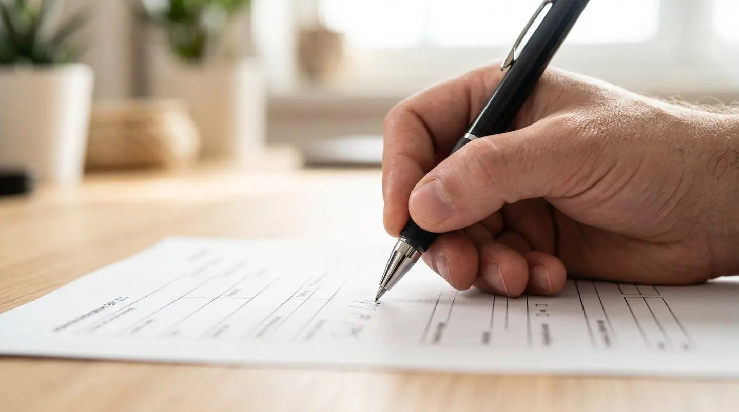 Gros plan d'une main professionnelle annotant un document administratif avec un stylo sur un bureau moderne et épuré