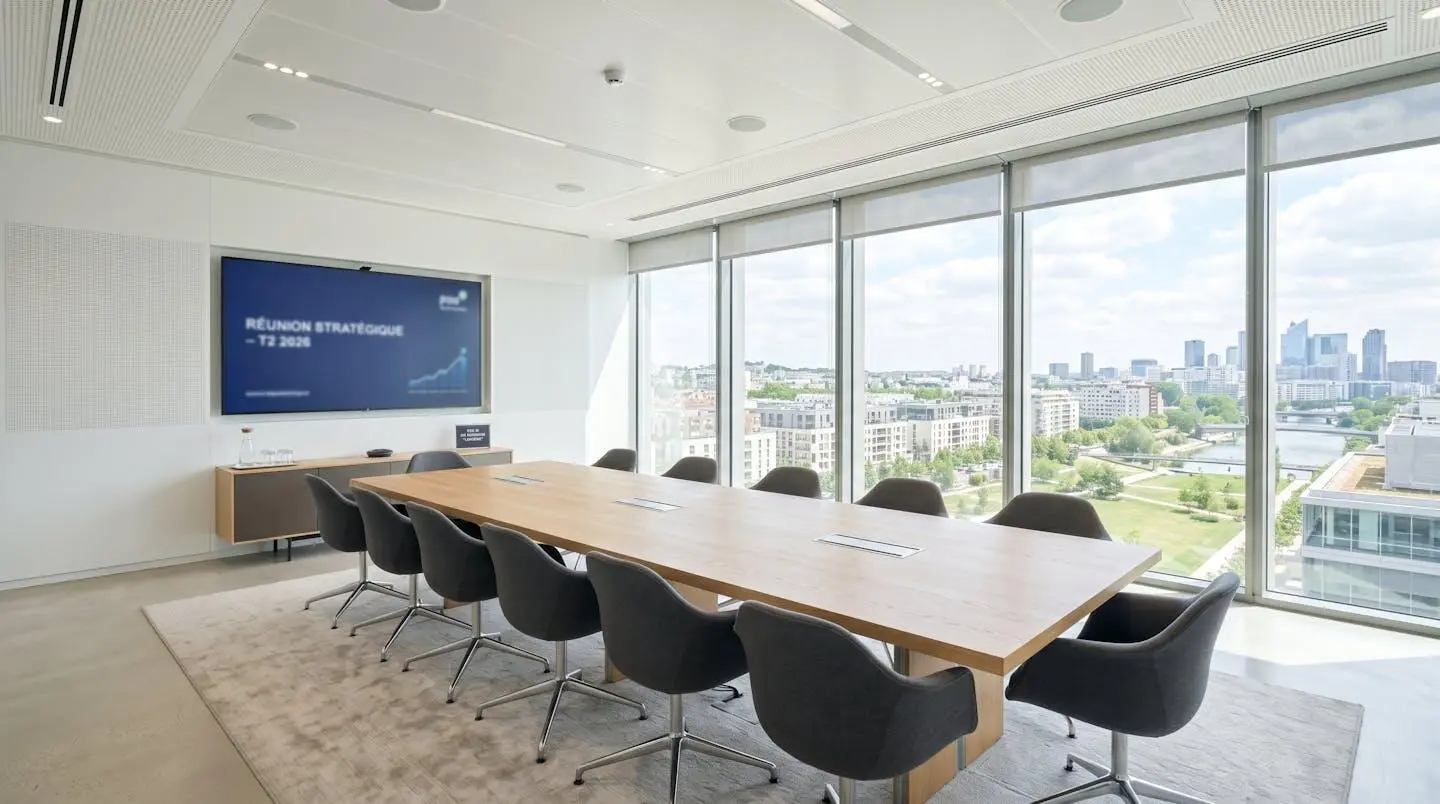 Salle de réunion contemporaine vide avec table de conférence, chaises et écran mural, baignée de lumière naturelle